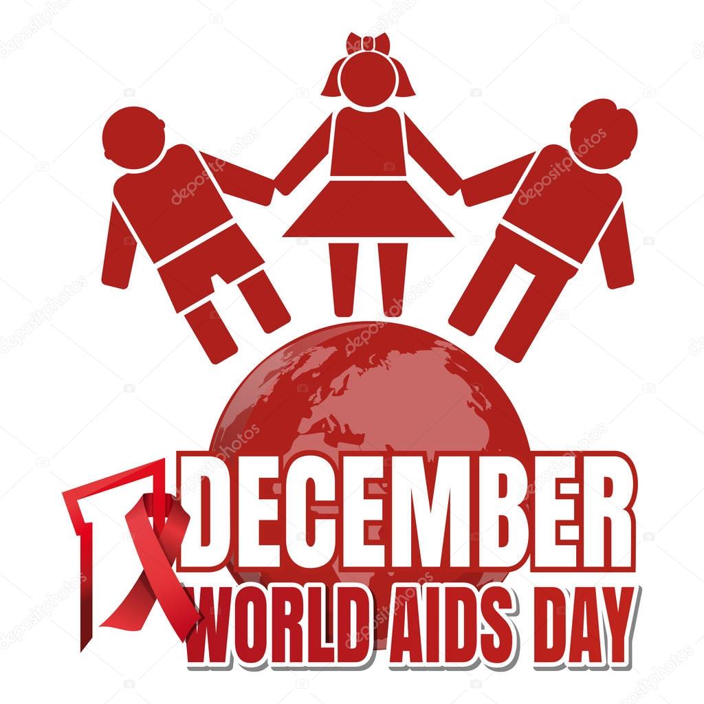 World Aids Day. 1 December. Red ribbon of AIDS awareness and globe with people. World Aids Day concept. Vector illustration