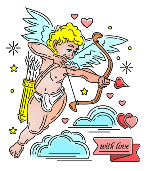 Lindo Cupido juguetón con arco y flecha — Vector de stock