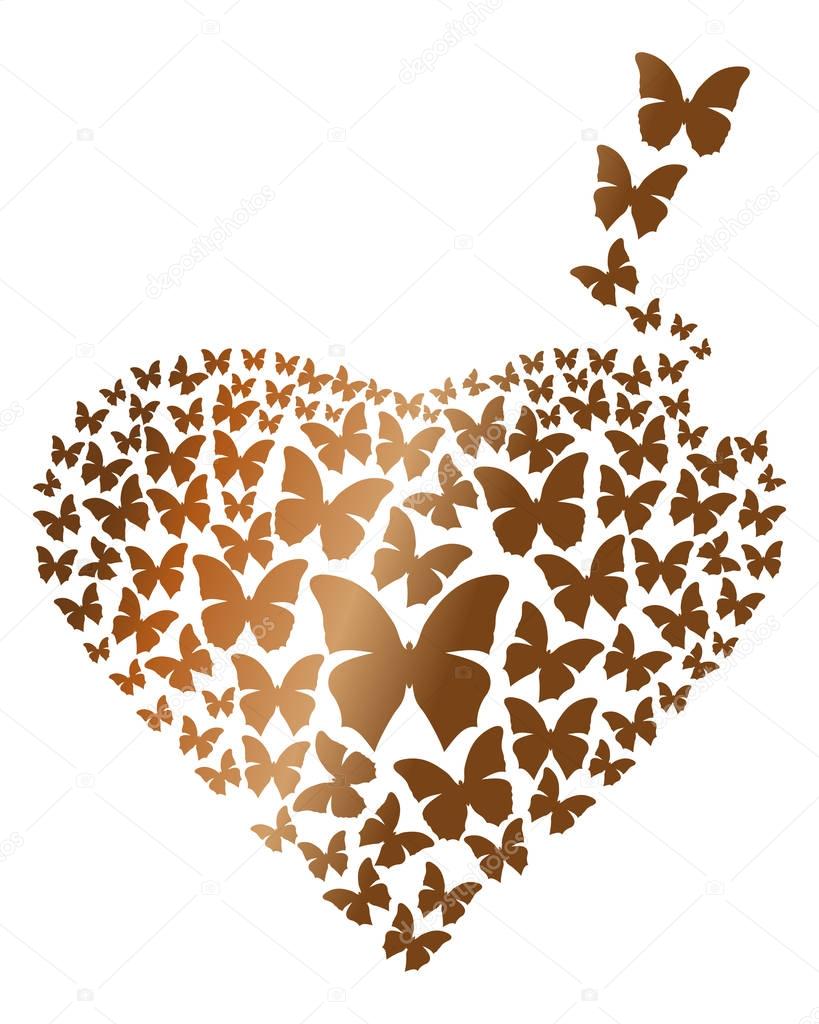 Heart consisting of gold flying butterflies