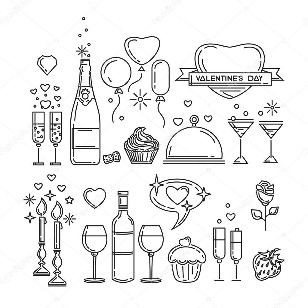 Romantic dinner line icons set
