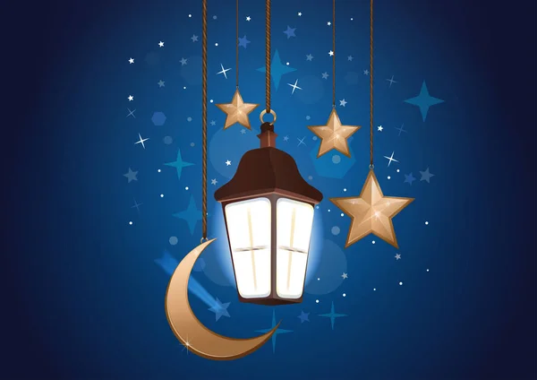 Sfondo notturno con luna, stelle e lanterna — Vettoriale Stock