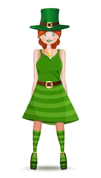 Милая рыжая девушка в зеленом костюме лепрекона — стоковый вектор