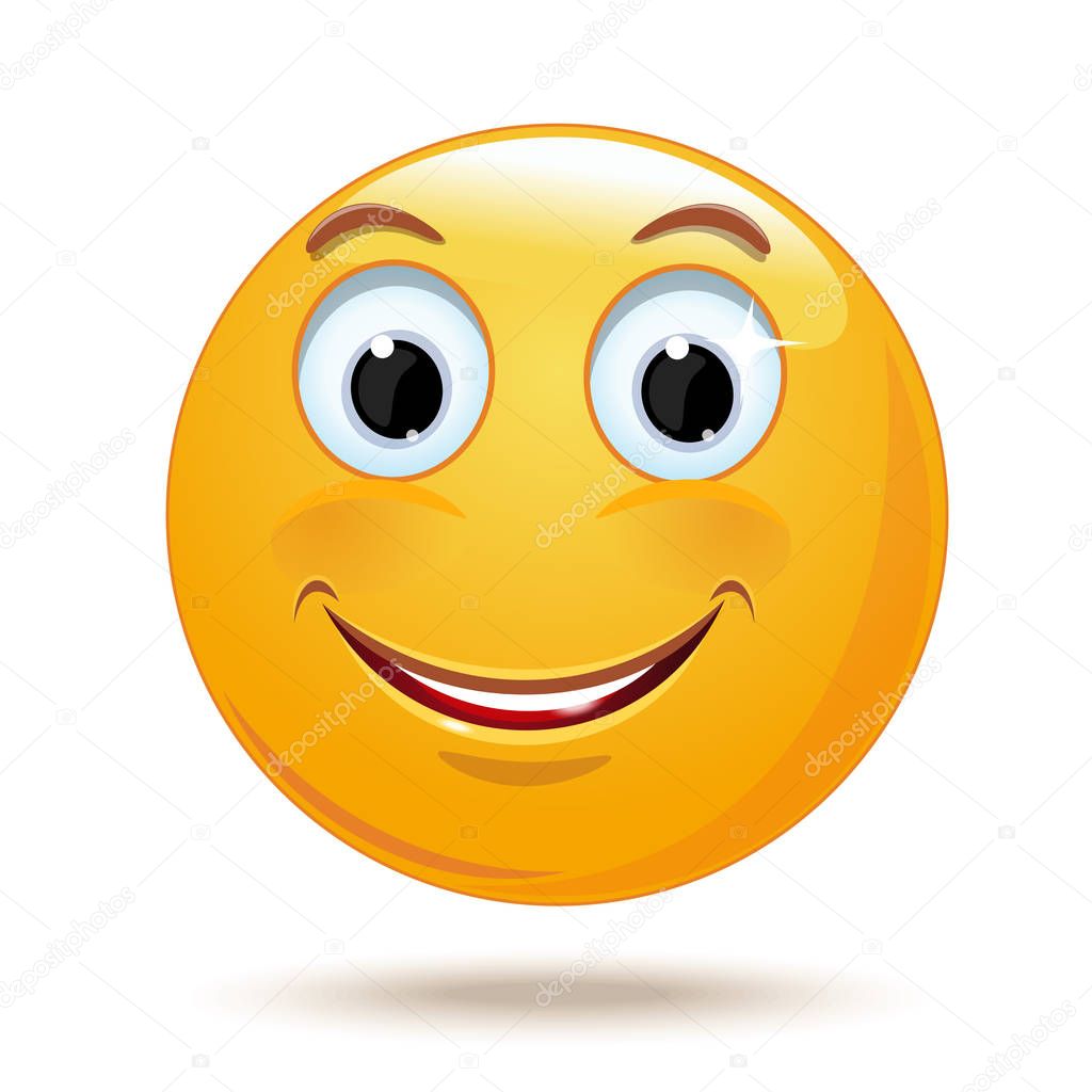 Cheerful smiling smiley. Happy smiley emoticon face. Positive smiling ball. Vector illustration isolated on white background