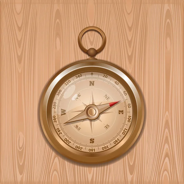 Elegancki złoty kompas na podłoże drewniane — Wektor stockowy
