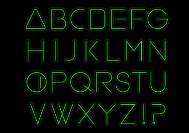 Yeşil ışık alfabesi yazı tipi. Neon Harfler. Parlak yazı dizisi işareti. Dekorasyon ve reklam için tipografi metni. Vektör illüstrasyonu