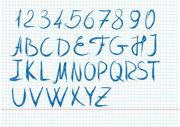 Letras Números Escritos Mão Caderno Escolar Estilo Escova Mão Desenhar — Vetor de Stock