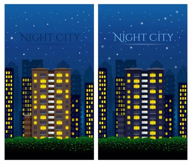 Geceleri büyük şehir. Gece şehri tasarım seti. Vektör illüstrasyonu