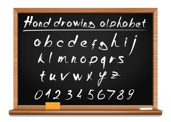Escola Mão Desenho Alfabeto Fonte Doodle Cartas Números Escritos Giz — Vetor de Stock