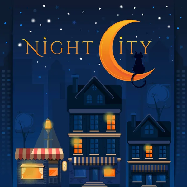 Cat Moon Night Old Town Concept Design Lights Old Night — Stock Vector