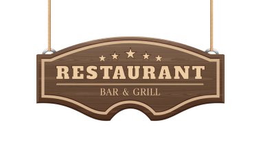 Restoran tabelası. Bar ve ızgara. Halatlarda asılı olan kıvrımlı ahşap tabela. Vektör illüstrasyonu beyazda izole edildi