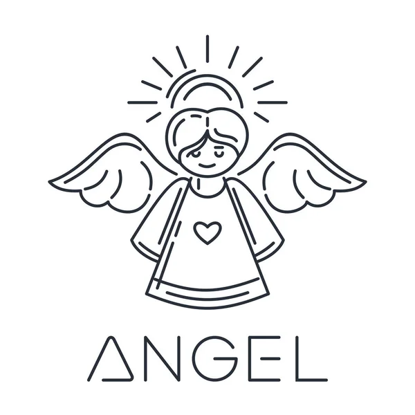 天使线标志图标 最低限度的设计 带着光环和翅膀的飞行天使 在白色上孤立的向量图 — 图库矢量图片