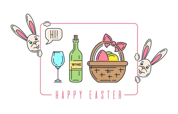Easter Line Logo Icon Bottle Wine Easter Bunny Basket Easter — Stock Vector