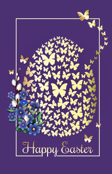 Joyeux Pâques Carte Voeux Avec Œuf Pâques Composé Papillons Dorés — Image vectorielle