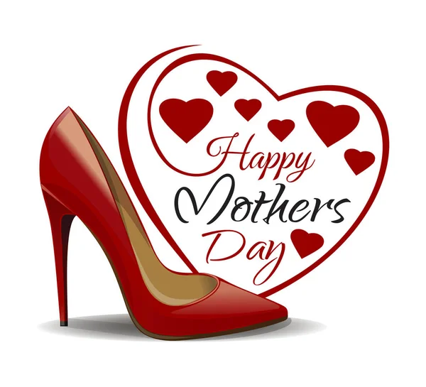 幸せな母の日 心臓の背景に女性の靴 母の日カード ベクトルレタリング — ストックベクタ