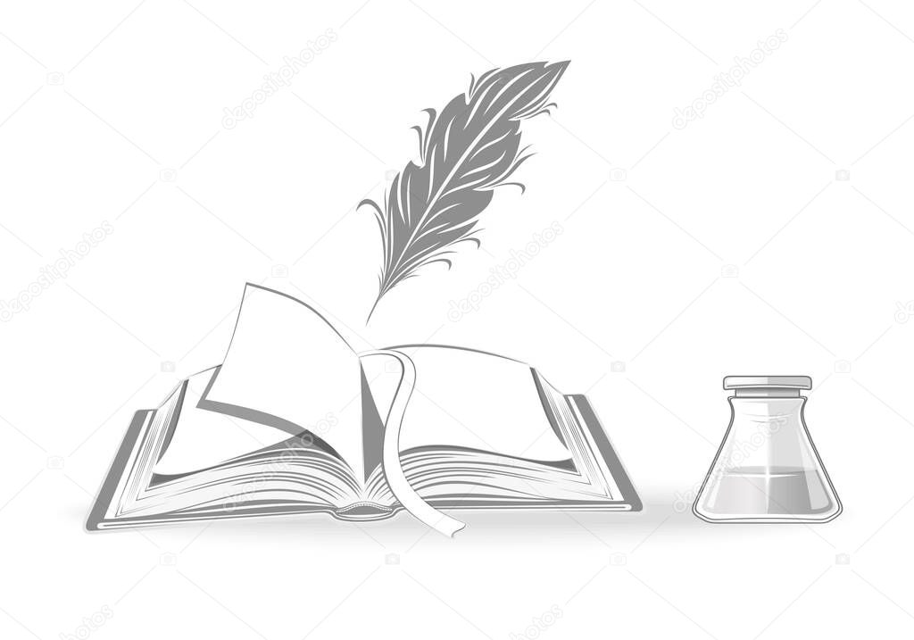 Open notebook, quill and inkwell. Set of black and white monochrome icons. Poetry and literature. Vintage concept design. Vector illustration