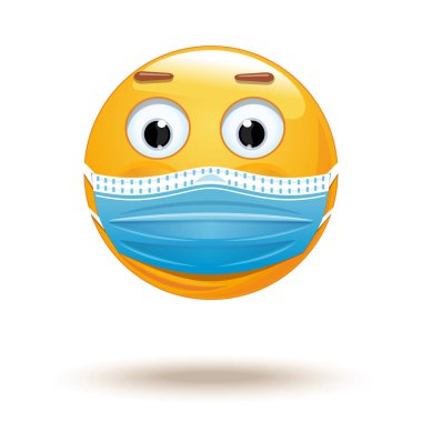 Tıbbi maskeli Emoji. Tıbbi maske emoji ikonu. Emoji koruyucu bir cerrahi maske takıyor. Vatandaş, koronavirüs enfeksiyonu kapmamak için tıbbi maske takıyor. Vektör illüstrasyonu