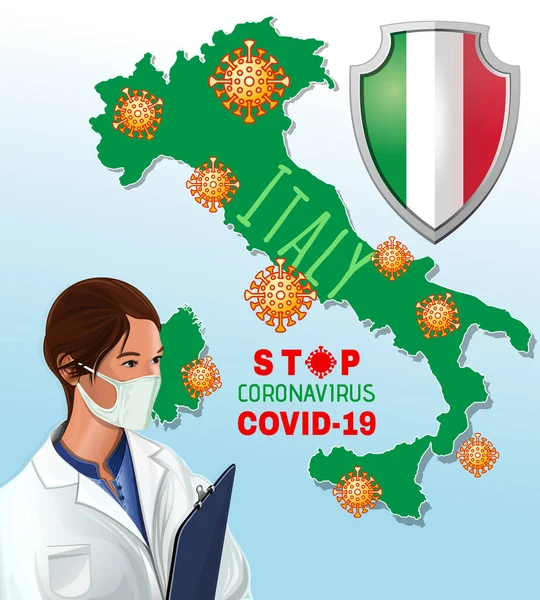 Egy Nővér Olaszország Térképének Hátterében Akit Megfertőzött Egy Koronavírus Állítsa — Stock Vector