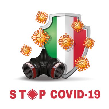 Kalkanın arka planında İtalya bayrağı resmi olan bir solunum cihazı ve koronavirüs bakterisi. Coronavirus Covid-19 konsept tasarımını durdurun. Vektör illüstrasyonu