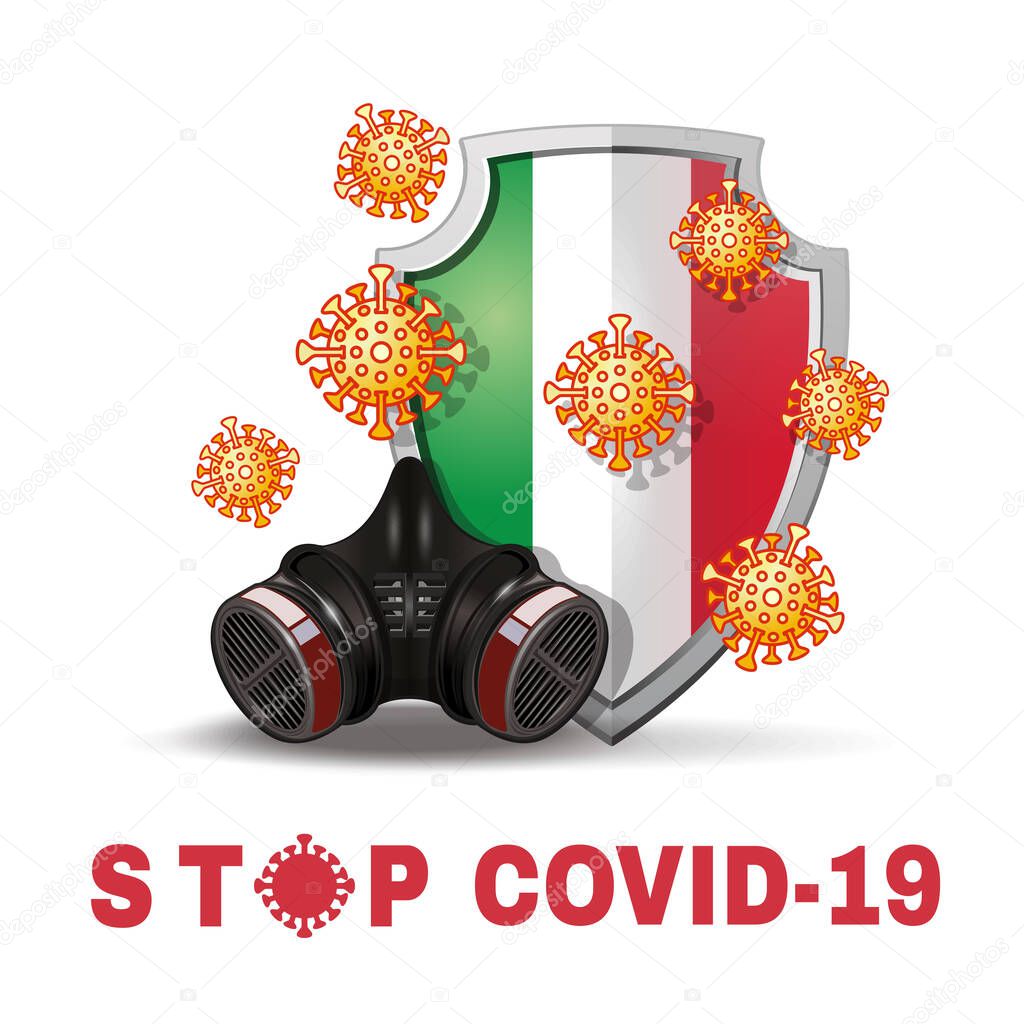 Respirator and coronavirus bacteria on the background of a shield with the image of the flag of Italy. Stop coronavirus Covid-19 concept design. Vector illustration