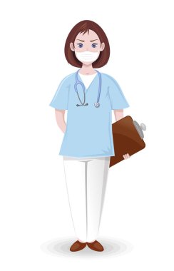 Tıbbi maskeli genç, sevimli hemşire. Steteskoplu bir kadın doktor. Vektör illüstrasyonu