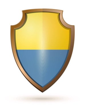 Ukrayna bayrağının renklerine boyanmış bronz bir kalkan. Altın kalkanda Ukrayna bayrağı. Vektör illüstrasyonu beyazda izole edildi