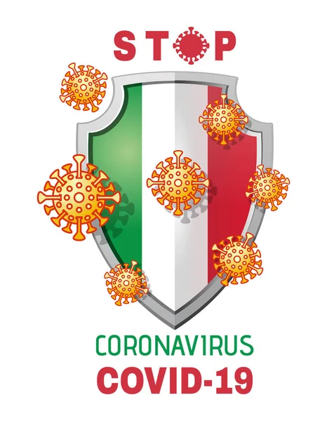 Virus Attacksköld Med Italiens Flagga Stoppa Coronavirus Covid Skydda Italien — Stock vektor