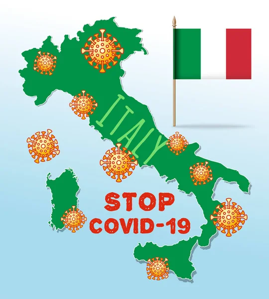 Coronavirus Symboler Karta Bakgrund Italien Stoppa Covid Konceptutformning Till Stöd — Stock vektor