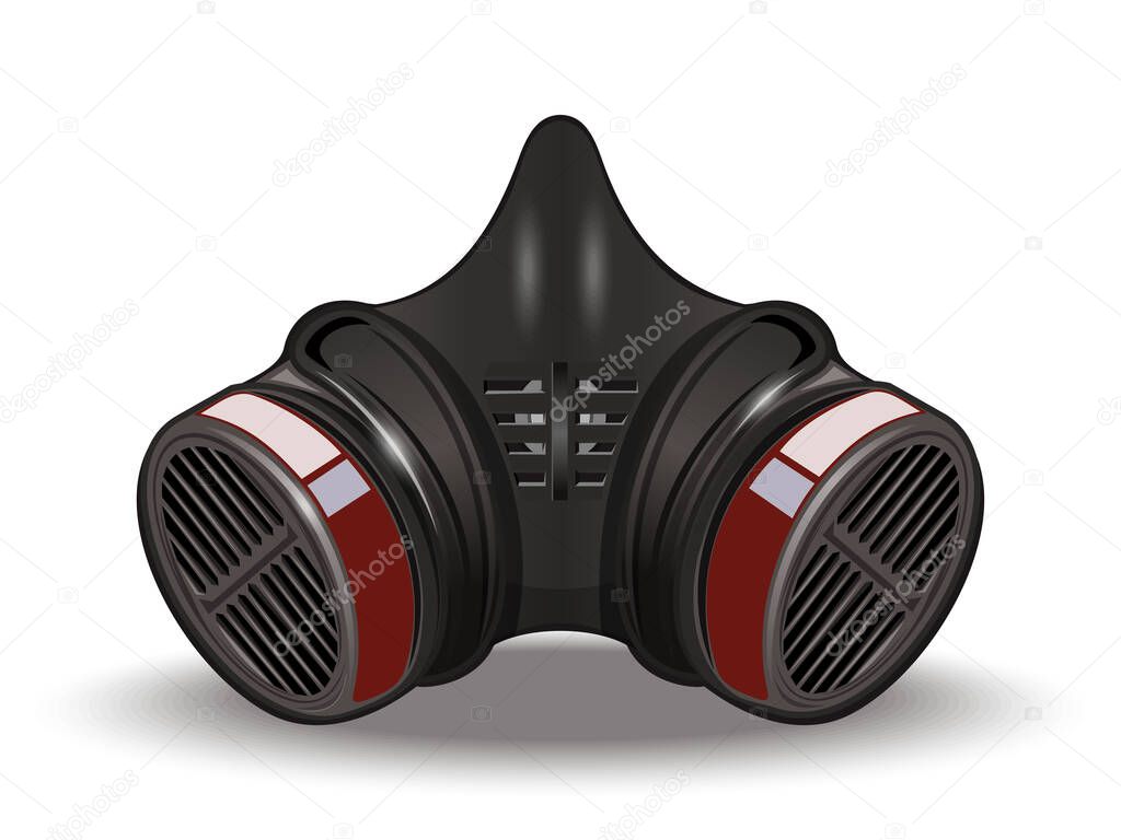 Face mask respirator. Inhaler. Carbon Filter Respirator. Respiratory mask with replaceable filter. Realistic vector illustration isolated on white