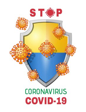Virüsler Ukrayna bayrağı taşıyan saldırı kalkanları. Coronavirus Covid-19 'u durdurun. Ukrayna 'yı koronavirüs salgınından korumak. Vektör illüstrasyonu