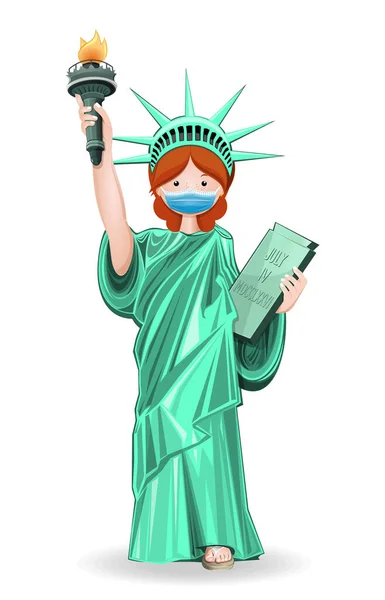 Dziewczynka Przebrana Statuetkę Wolności Masce Medycznej Ilustracja Wektora Izolowana Białym — Wektor stockowy