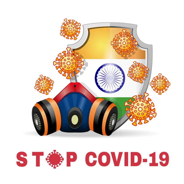 Bacterias Respiratorias Coronavirus Fondo Escudo Con Imagen Bandera India Detener — Vector de stock