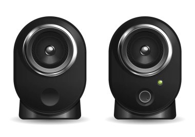 Siyah plastik bilgisayar hoparlörleri. Masaüstü hoparlörleri. Vektör illüstrasyonu beyaz arkaplanda izole edildi