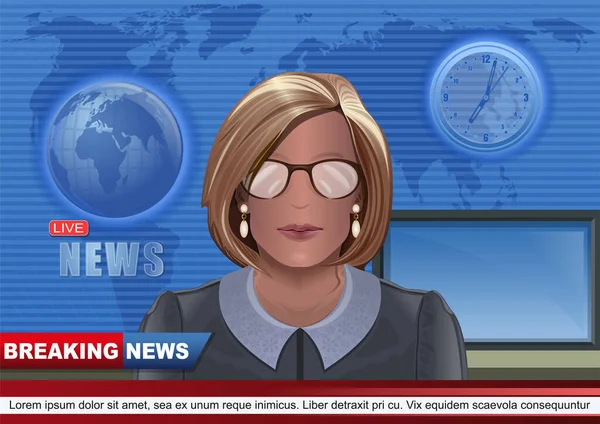 Woman Leading News Air Breaking News Background Beautiful Young Newscaster — Stock Vector