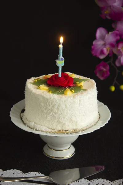 Homemade vanilla cake with top.