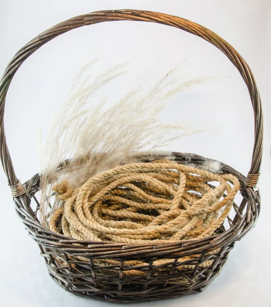 Hemp rope wicker brown basket isolated on white — Stock Photo, Image