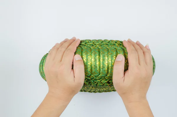 Almofada de seda tailandesa Pumkin e mão sobre fundo branco — Fotografia de Stock
