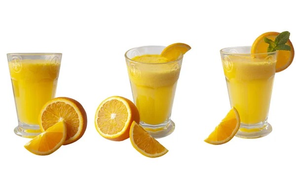 Glas Apelsinjuice Vit Bakgrund Isolerade Olika Vyer — Stockfoto