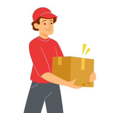 Teslimatçı, karton kutulu adam. Başlıklı postacı beyaz arka planda izole edildi. 