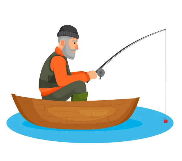 Ilustração Vetorial Pescador Sentado Barco Pescando —  Vetores de Stock