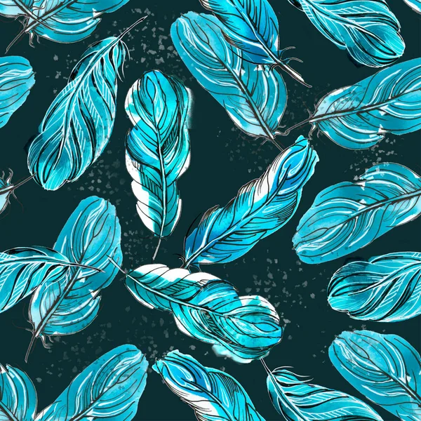 Blue hand drawn feather illustration dark green background. White paint spatter. Seamless pattern. Bright birds feather.