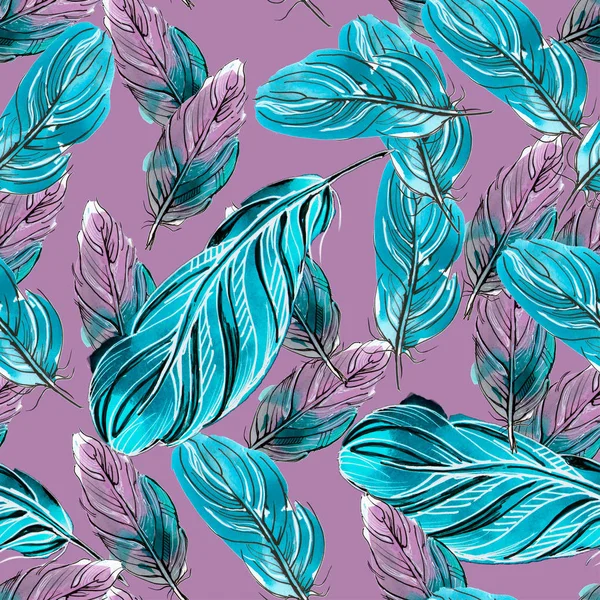 Colorful purple and blue hand drawn feather illustration on purple background. Seamless pattern. Bright birds feather.