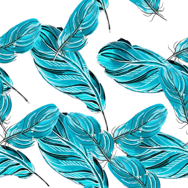 Blue hand drawn feather illustration on white background. Seamless pattern. Bright birds feather.
