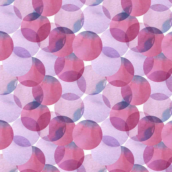 Pink circles abstract seamless pattern. Round shape intersection. Bright pink watercolor. Paper texture.