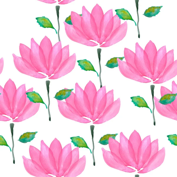 Watercolor hand painted pink flower with green leaves isolated on white background. Seamless pattern.