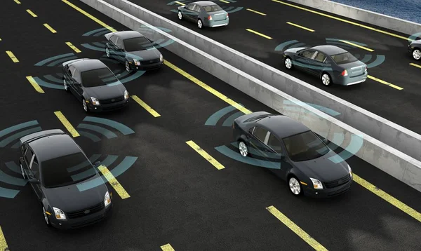 Autonomous cars on a road with visible connection