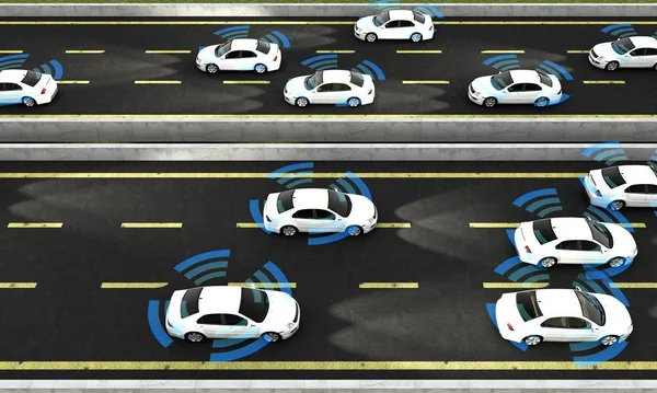 Voitures autonomes sur une route avec connexion visible — Photo