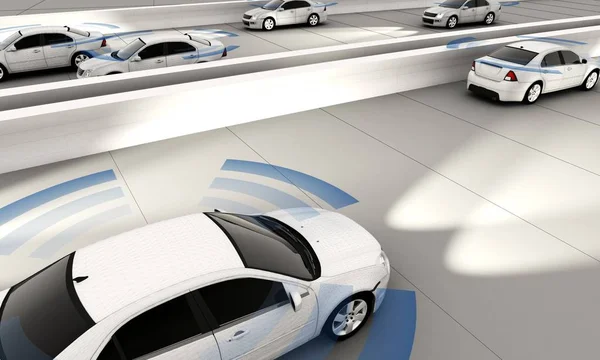 Görünür bağlantısı olan bir yolda özerk arabalar 3d render