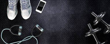 Dambıl ve smartphone ile fitness arka plan.