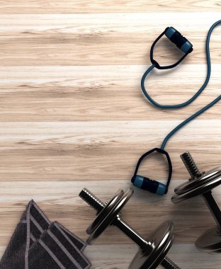 Dambıl ve smartphone ile fitness arka plan. Yukarıdan görüntülemek