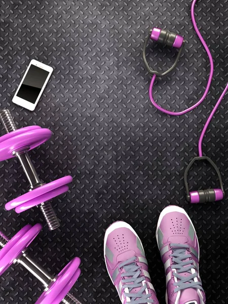 Fondo de fitness con mancuernas y smartphone . — Foto de Stock